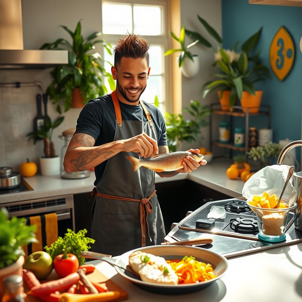 A vibrant scene of a Brazilian kitchen where the famous football player, Neymar, is cooking fish
