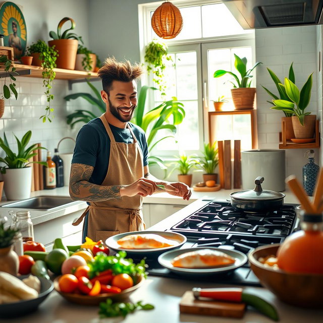 A vibrant scene of a Brazilian kitchen where the famous football player, Neymar, is cooking fish