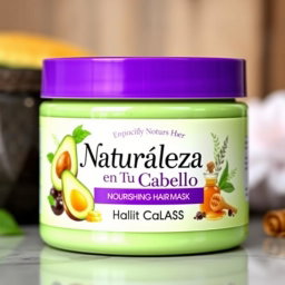 An attractive jar of nourishing hair mask featuring a sleek, modern design with a bright purple lid and a green body