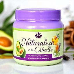 An attractive jar of nourishing hair mask featuring a sleek, modern design with a bright purple lid and a green body