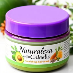 An attractive jar of nourishing hair mask featuring a sleek, modern design with a bright purple lid and a green body