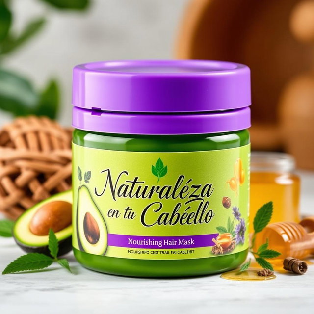 An attractive jar of nourishing hair mask featuring a sleek, modern design with a bright purple lid and a green body