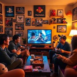 An imaginative scene showcasing a group of gaming enthusiasts in a cozy living room filled with PlayStation memorabilia like posters, game cases, and plush toys