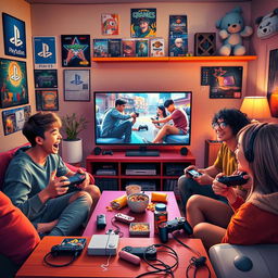 An imaginative scene showcasing a group of gaming enthusiasts in a cozy living room filled with PlayStation memorabilia like posters, game cases, and plush toys