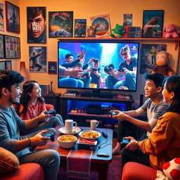 An imaginative scene showcasing a group of gaming enthusiasts in a cozy living room filled with PlayStation memorabilia like posters, game cases, and plush toys