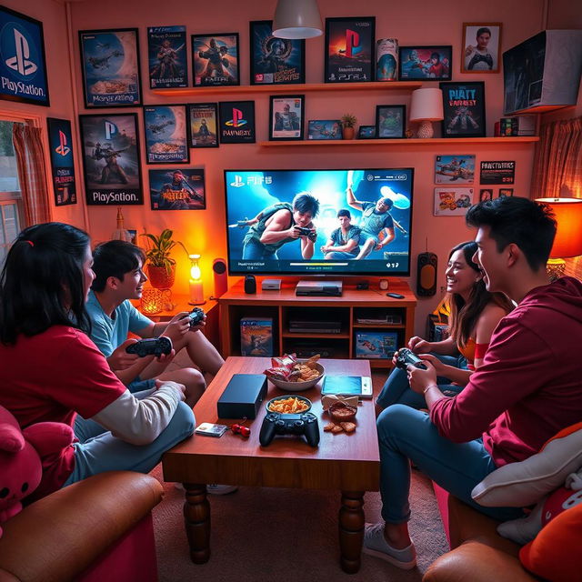 An imaginative scene showcasing a group of gaming enthusiasts in a cozy living room filled with PlayStation memorabilia like posters, game cases, and plush toys