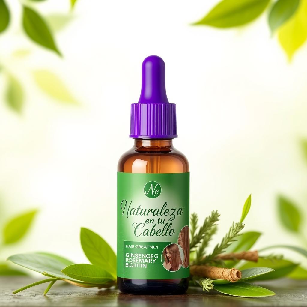 An elegantly designed dropper bottle meant for hair growth treatment, featuring a sleek glass body in clear color with a striking purple dropper cap and a green label