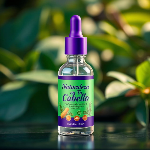 An elegantly designed dropper bottle meant for hair growth treatment, featuring a sleek glass body in clear color with a striking purple dropper cap and a green label
