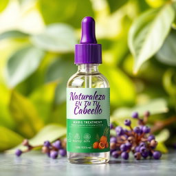 An elegantly designed dropper bottle meant for hair growth treatment, featuring a sleek glass body in clear color with a striking purple dropper cap and a green label