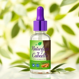 An elegantly designed dropper bottle meant for hair growth treatment, featuring a sleek glass body in clear color with a striking purple dropper cap and a green label