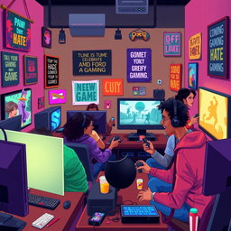 An illustration depicting a vibrant video game community scene, showcasing a diverse group of gamers enjoying a gaming session together