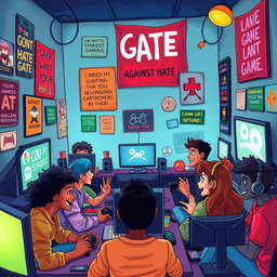 An illustration depicting a vibrant video game community scene, showcasing a diverse group of gamers enjoying a gaming session together