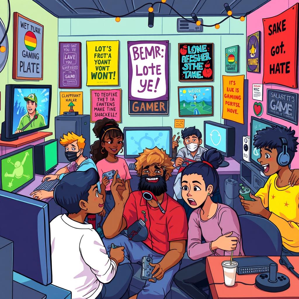 An illustration depicting a vibrant video game community scene, showcasing a diverse group of gamers enjoying a gaming session together