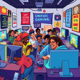 An illustration depicting a vibrant video game community scene, showcasing a diverse group of gamers enjoying a gaming session together