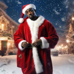 Hip hop artist Kanye West dressed in a joyful Santa Claus costume, his face beaming with a playful smile, holding a glistening bag brimming with gifts, standing in a magical, snowy night scene.