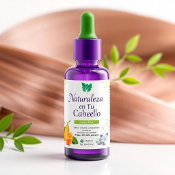 A stylish and modern serum bottle designed to combat frizz, showcasing a sleek glass container in a rich purple hue with a vibrant green dropper cap