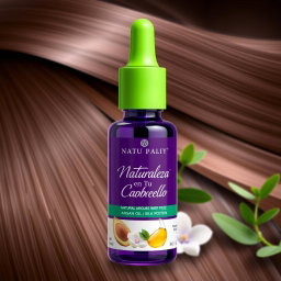 A stylish and modern serum bottle designed to combat frizz, showcasing a sleek glass container in a rich purple hue with a vibrant green dropper cap
