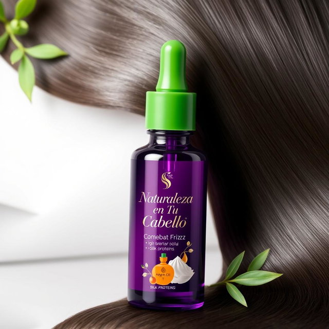 A stylish and modern serum bottle designed to combat frizz, showcasing a sleek glass container in a rich purple hue with a vibrant green dropper cap