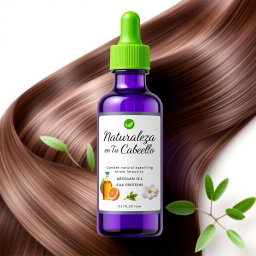 A stylish and modern serum bottle designed to combat frizz, showcasing a sleek glass container in a rich purple hue with a vibrant green dropper cap