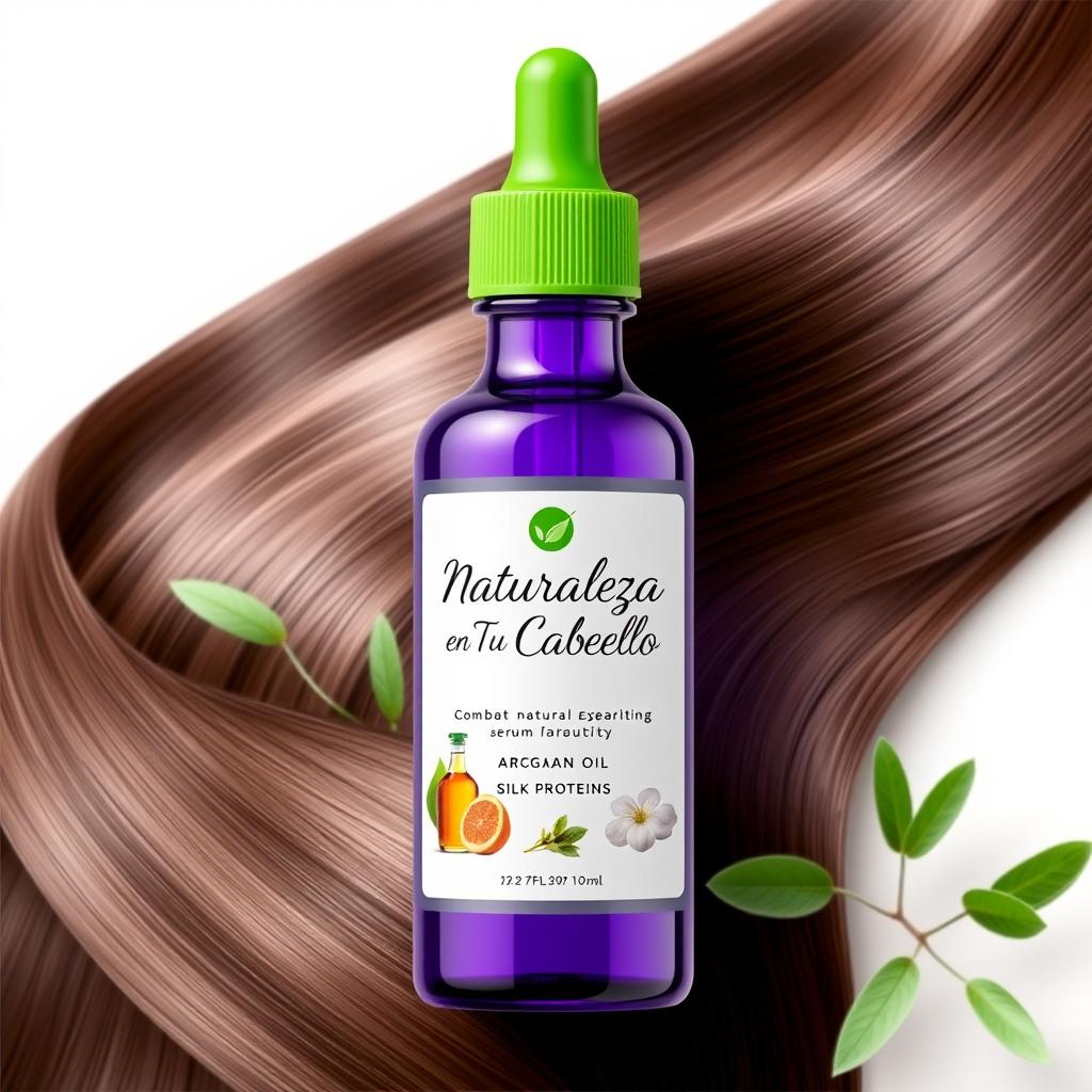 A stylish and modern serum bottle designed to combat frizz, showcasing a sleek glass container in a rich purple hue with a vibrant green dropper cap
