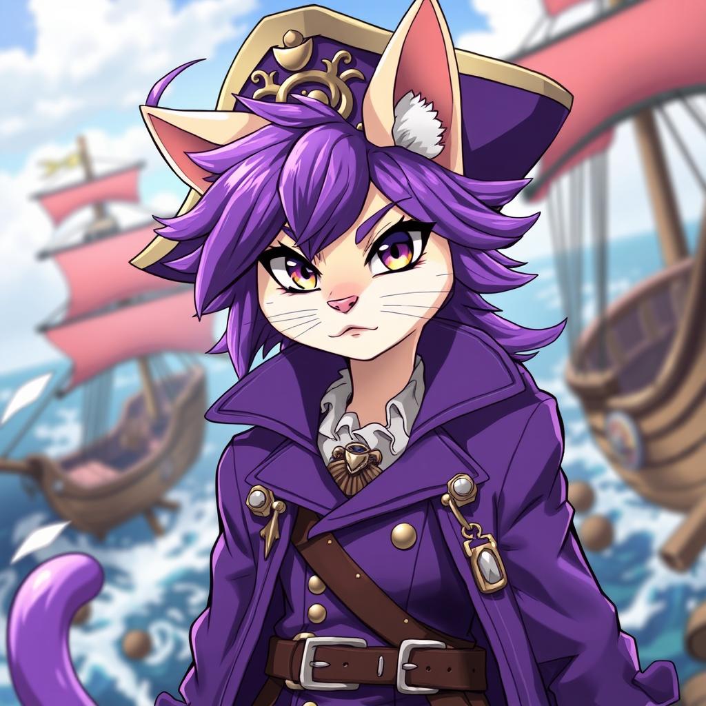 A striking anime-style character of a cat-human hybrid, featuring vibrant purple hair styled dramatically