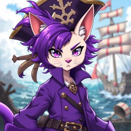 A striking anime-style character of a cat-human hybrid, featuring vibrant purple hair styled dramatically