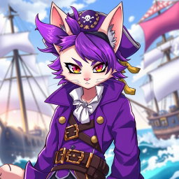 A striking anime-style character of a cat-human hybrid, featuring vibrant purple hair styled dramatically