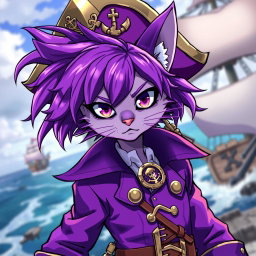 A striking anime-style character of a cat-human hybrid, featuring vibrant purple hair styled dramatically