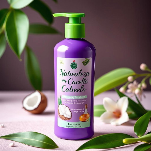 A luxurious treatment bottle for nourishing hair care, featuring a sleek design with a vibrant purple body and a green cap