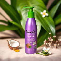 A luxurious treatment bottle for nourishing hair care, featuring a sleek design with a vibrant purple body and a green cap