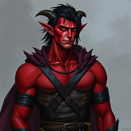 A male tiefling warlock character, standing in a relaxed yet serious stance
