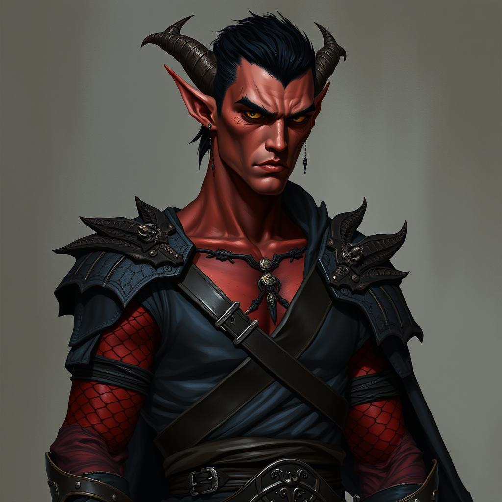A male tiefling warlock character, standing in a relaxed yet serious stance