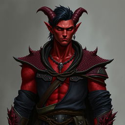 A male tiefling warlock character, standing in a relaxed yet serious stance