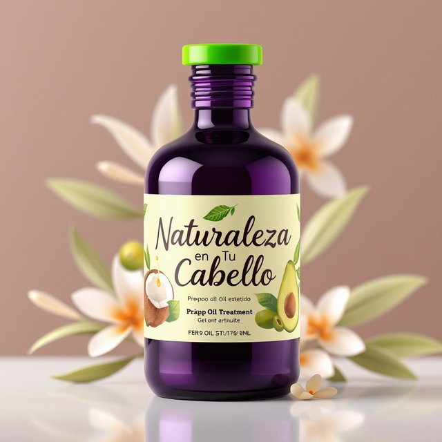 A beautifully crafted pre-poo oil treatment bottle designed for hair care, featuring a sleek and elegant glass container in a deep purple shade with a vibrant green cap