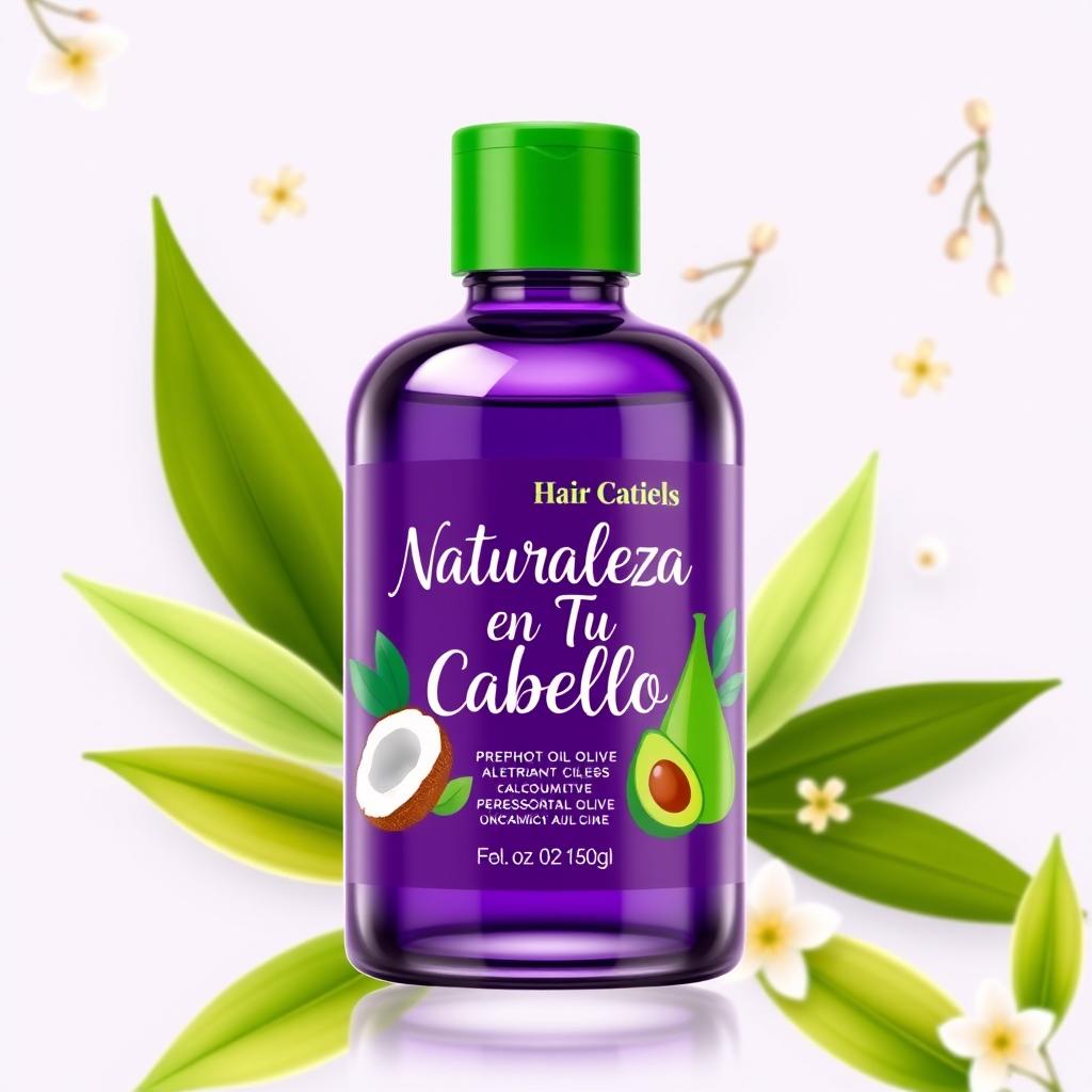A beautifully crafted pre-poo oil treatment bottle designed for hair care, featuring a sleek and elegant glass container in a deep purple shade with a vibrant green cap