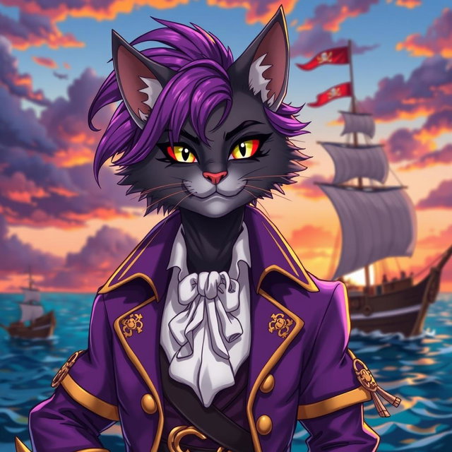 A striking anime-style cat man with vibrant purple hair and a purple pirate outfit