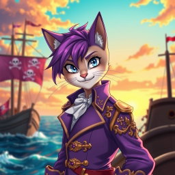 A striking anime-style cat man with vibrant purple hair and a purple pirate outfit