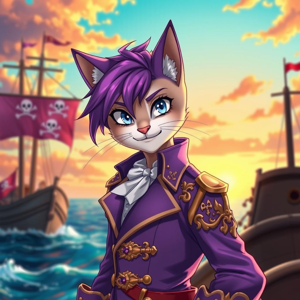 A striking anime-style cat man with vibrant purple hair and a purple pirate outfit
