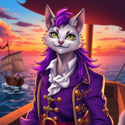 A striking anime-style cat man with vibrant purple hair and a purple pirate outfit