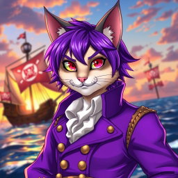 A striking anime-style cat man with vibrant purple hair and a purple pirate outfit
