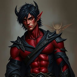 A male tiefling warlock character, displayed in a relaxed yet serious stance, exuding a sense of confidence and charm