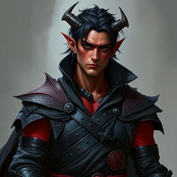 A male tiefling warlock character, displayed in a relaxed yet serious stance, exuding a sense of confidence and charm