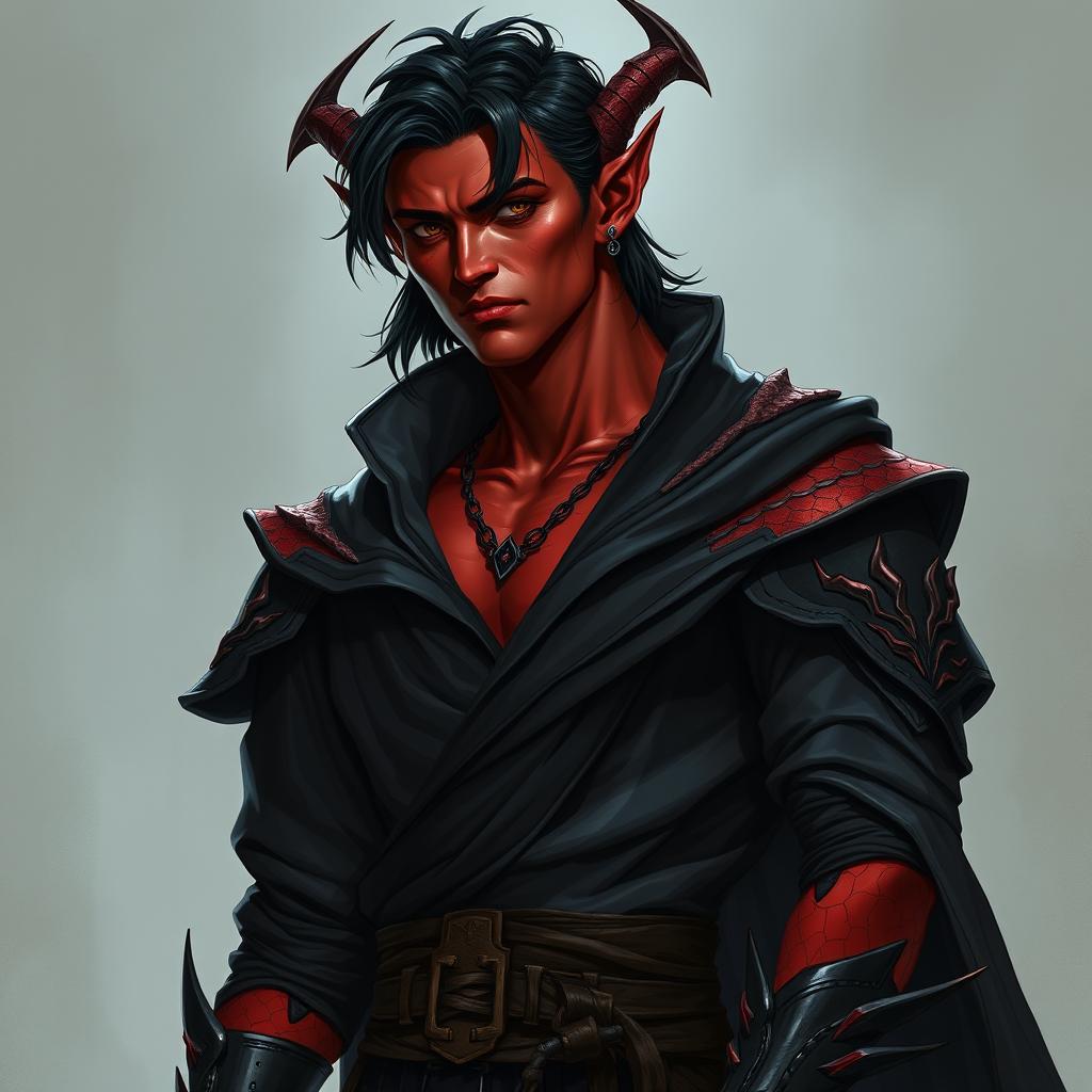 A male tiefling warlock character, displayed in a relaxed yet serious stance, exuding a sense of confidence and charm