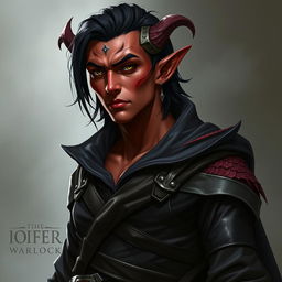 A male tiefling warlock character, displayed in a relaxed yet serious stance, exuding a sense of confidence and charm