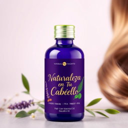An elegant essential oil bottle for hair care, featuring a sleek design in a deep purple color with a bright green lid