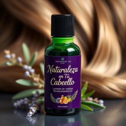 An elegant essential oil bottle for hair care, featuring a sleek design in a deep purple color with a bright green lid