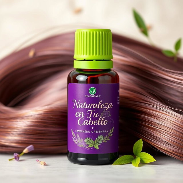 An elegant essential oil bottle for hair care, featuring a sleek design in a deep purple color with a bright green lid