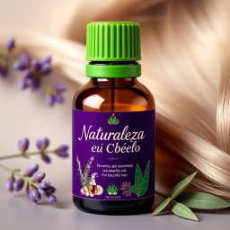 An elegant essential oil bottle for hair care, featuring a sleek design in a deep purple color with a bright green lid