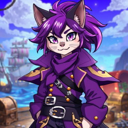 An anime-style character that is a cat man with striking purple hair and an elaborate purple pirate outfit