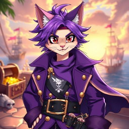An anime-style character that is a cat man with striking purple hair and an elaborate purple pirate outfit